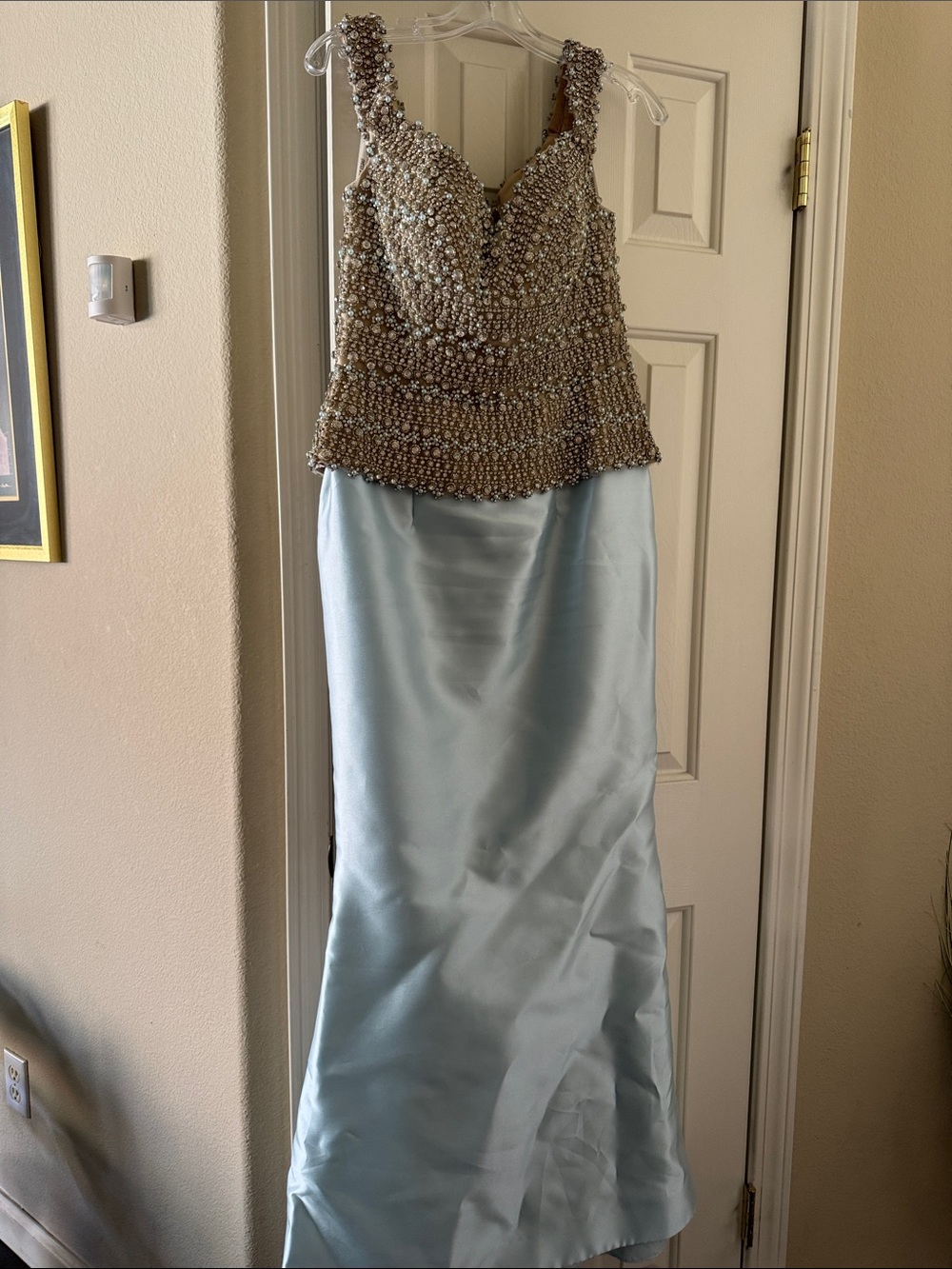 Embellished Beaded Bodice Evening Dress in Light Blue and Gold